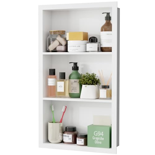 Stainless Steel Recessed Medicine Cabinet 14''*24'', Rust-Proof Metal Wall Niche, in Wall Shower Niche Shelf Insert Replacement, Recessed Medicine Cabinets for Drywall, Bathroom Storage, White - color: White, size: 24''H * 14''W (3-Tier)