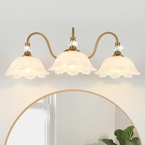 Vintage Bathroom Vanity Light, 3-Light Matte Brass Finish Vanity Light with Floral White Glass Shades, Retro Wall Sconce for Bathroom, Dressing Table - color: Brass and White, size: 3-Light