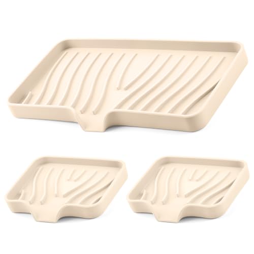 Silicone Soap Dish with Drain Spouts, Bar Soap Holder, Self-Draining Sink Organizer Kitchen Sponge Tray, Non-Slip Dispensers for Bathroom, Kitchen (Off White, 1 Long + 2 Short) - color: Off White