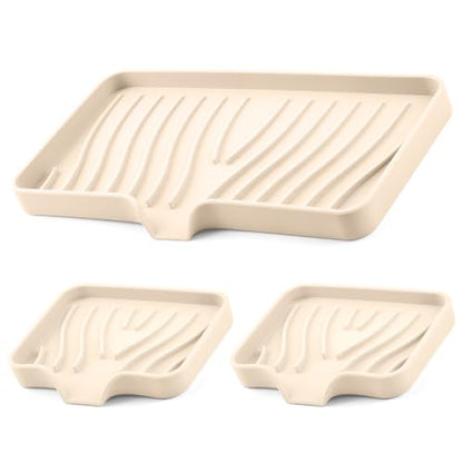 Silicone Soap Dish with Drain Spouts, Bar Soap Holder, Self-Draining Sink Organizer Kitchen Sponge Tray, Non-Slip Dispensers for Bathroom, Kitchen (Off White, 1 Long + 2 Short) - color: Off White