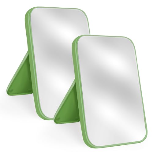 2Pcs Table Desk Vanity 8-Inch Makeup Mirror, Simple Portable Travel Mirror with Stand, Standing and Wall Hanging Dual-use Green - color: 2pcs-green