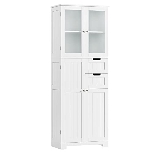 BOTLOG 67'' Tall Bathroom Storage Cabinet, Linen Cabinet with Glass Doors and Adjustable Shelves, Kitchen Pantry with 2 Drawers for Bathroom, Living Room, Dining Room, White | Frosted Glass Doors, Wood Drawers, Kitchen Pantry, Line Cabinet for Bathroom, L