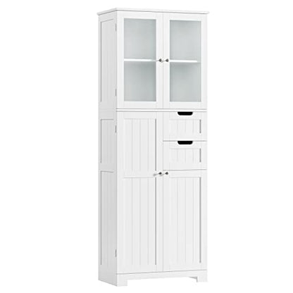 BOTLOG 67'' Tall Bathroom Storage Cabinet, Linen Cabinet with Glass Doors and Adjustable Shelves, Kitchen Pantry with 2 Drawers for Bathroom, Living Room, Dining Room, White | Frosted Glass Doors, Wood Drawers, Kitchen Pantry, Line Cabinet for Bathroom, L