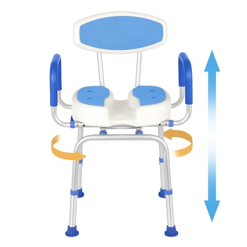 FAHKNS Swivel Senior Bathing Chair with Arms & Back, 400 LBS Heavy Duty U-Shape Seat, Height Adjustable Safety Bath Seat for Tub, Elderly & Disabled - color: Blue