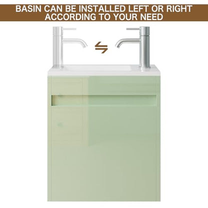 wonline 16" Floating Bathroom Vanity with Sink, Wall Mounted Resin Basin Cabinet Combo for Small Bathrooms, High Gloss Green, Includes Chrome Faucet & Pop Up Drain - color: Green
