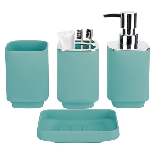 4Pcs Lake Blue Bathroom Set, Square Boho Soap & Toothbrush Holder Set | Thick shatterproof ABS, electroplated rust-proof pump, drip-free, multi-slot holder, dustproof lids, easy-clean - color: Lake Blue, size: 4PCS
