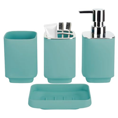 4Pcs Lake Blue Bathroom Set, Square Boho Soap & Toothbrush Holder Set | Thick shatterproof ABS, electroplated rust-proof pump, drip-free, multi-slot holder, dustproof lids, easy-clean - color: Lake Blue, size: 4PCS