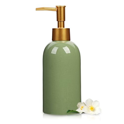 Classic Cylindrical Soap Dispenser, Multi-Color Ceramic Bottle(Green) | Soap Dispenser with Gold Rust-Proof Pump - color: Green