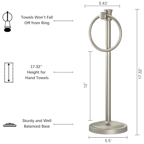 Hoimpro Hand Towel Holder Free Standing Towel Bar Brushed Nickel | Hanging Floor Hand Towel Rack Ring, for Bathroom Kitchen Vanity Countertops, Hardware Accessories SUS 304 Heavy-Duty Base - color: Nickel