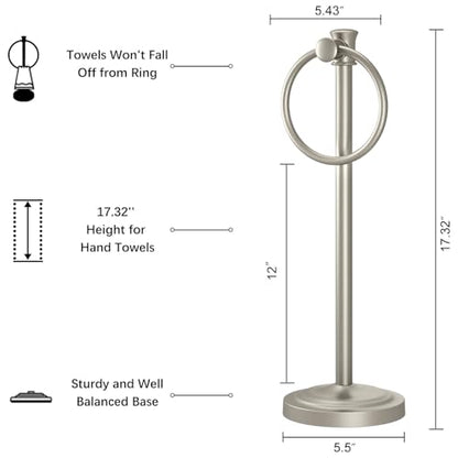 Hoimpro Hand Towel Holder Free Standing Towel Bar Brushed Nickel | Hanging Floor Hand Towel Rack Ring, for Bathroom Kitchen Vanity Countertops, Hardware Accessories SUS 304 Heavy-Duty Base - color: Nickel
