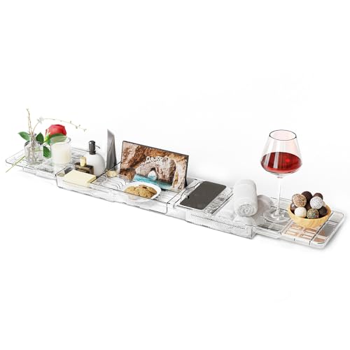 Expandable Bathtub Tray - Lightweight Adjustable Bath Caddy, Spa Organizer with Holder for Phone, Book & Wine Glass (Extra Long)