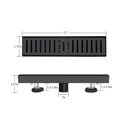 12 Inch Black Linear Shower Drain with Removable Capsule Pattern Cover Grate Accessories and SUS304 Stainless Steel CUPC Certificate (12 inch)… - size: 12inch