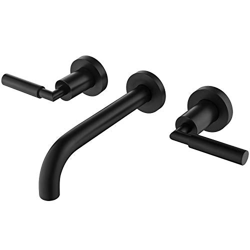 RBROHANT Matte Black Wall Mount Bathroom Faucet, Wall Mounted Sink Faucet, Dual Handle, Solid Brass, Rough-in Valve Included - color: Matte Black, style: Lever Handle