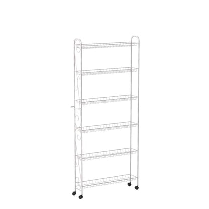 Collections Etc Slim Rolling Pantry 6-Tier Shelf, White Metal with Elegant Scroll Design Accent - Extra Kitchen and Bathroom Storage, 6" - size: 6"