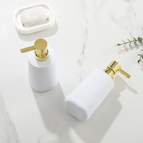 YAUKPH Small Soap Dispenser for Bathroom and Kitchen Matte White and Gold | Modern Farmhouse Striped Style Plastic Hand Soap Dish Soap Dispenser with Pump - color: White and Gold