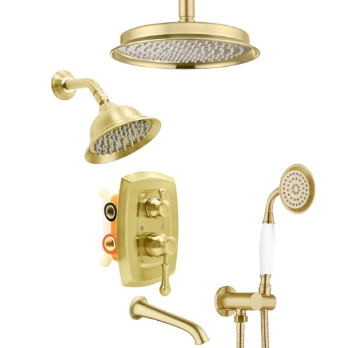 Antique Dual Rain Head Shower Faucet Set with Tub Spout | Vintage Handheld Spray, Multi-layer Plating, 4-Function Diverter Valve wtih Trim Kit, Brused Gold Finish - color: Brused Gold