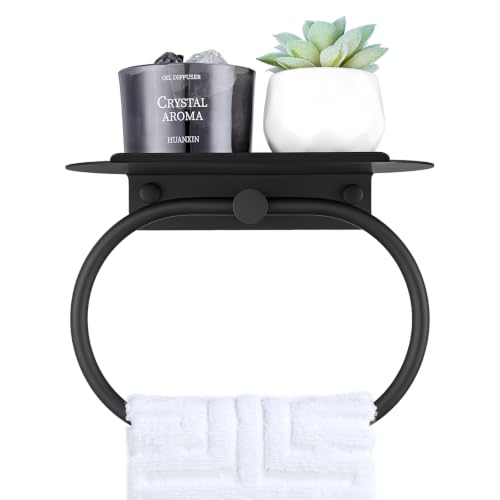 Suyar Oval Towel Ring with Shelf, Bathroom Hand Towel Holder Matte Black | SUS304 Stainless Steel, Space-Saving Solution, Versatile Top Shelf for Small Plants Toiletries Soap Phones, Wall Mounted - color: Matte Black