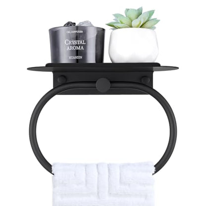 Suyar Oval Towel Ring with Shelf, Bathroom Hand Towel Holder Matte Black | SUS304 Stainless Steel, Space-Saving Solution, Versatile Top Shelf for Small Plants Toiletries Soap Phones, Wall Mounted - color: Matte Black