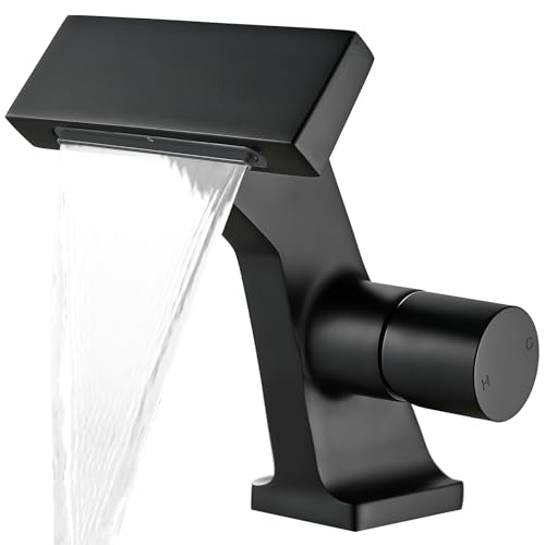 BAKALA Black Waterfall Bathroom Faucets, Single Hole Single Handle Brass Bathroom Sink Faucet Deck Mount, Rv Lavatory Vanity Faucet with 2 Supply Holes - color: Matte Black