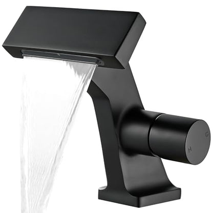 BAKALA Black Waterfall Bathroom Faucets, Single Hole Single Handle Brass Bathroom Sink Faucet Deck Mount, Rv Lavatory Vanity Faucet with 2 Supply Holes - color: Matte Black
