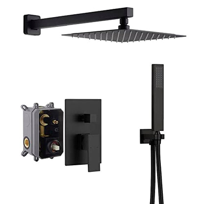 Cascada 12” Square Shower System (Wall Mounted) with Single Handle & square knob, 2 Functions (Rainfall & Handheld) (Matt Black) - color: Matt Black