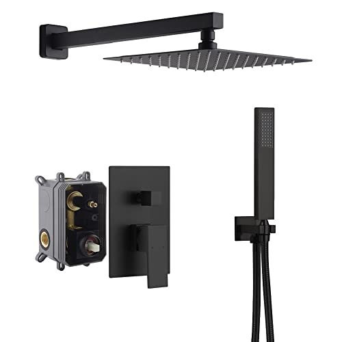 Cascada 12” Square Shower System (Wall Mounted) with Single Handle & square knob, 2 Functions (Rainfall & Handheld) (Matt Black) - color: Matt Black