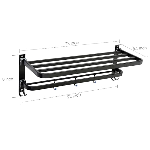 Foldable Towel Rack with Hooks – Wall Mounted Stainless Steel Bathroom Shelf for Towels, Bathrobes & Accessories | Double dacker, Rust-Resistant, Space-Saving Design for Modern Bathrooms (Matte Black) - color: Matte Black