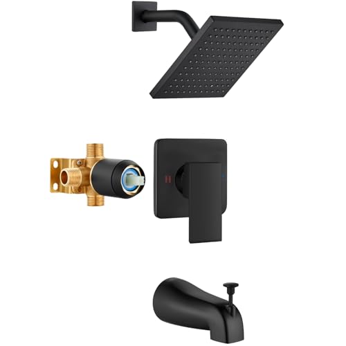 Heyalan 8 Inch Shower Set with Tub Spout and Valve,Brushed Nickel | 8-inch square rainfall head, tub spout with diverter, male-thread rough-in valve, single-handle control and wall-mount design - color: Matte Black, size: 8 Inch Square Shower Head