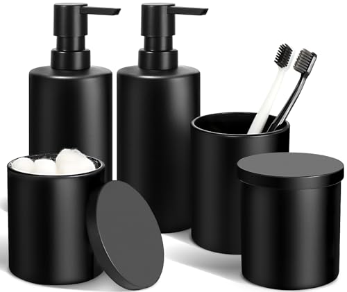 Matte Black Bathroom Accessories Set, 5 Pcs Bathroom Accessories Set, Glass Soap Dispenser and Toothbrush Holder Set, Qtip Holder and Cotton Ball Holder, Modern Bathroom Decor Sets - size: 5Pcs Bathroom Set