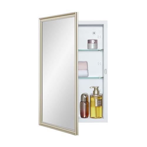 IDYLLOR White Medicine Cabinet with 15x24 Inch Gold Frame Mirrored Door, Wall Mounted Storage, Recessed or Surface Mount, 2 Adjustable Glass Shelves, Vanity Organizer for Bathroom, Bedroom, Hallway - color: Matte White, size: 15x24 inch Framed Mirrored Do