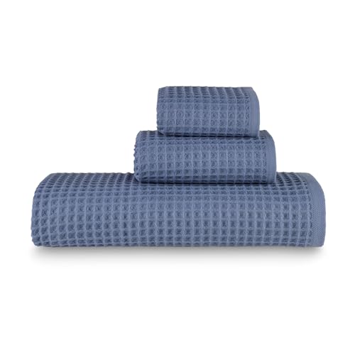 Waffle Bath Sheet Set, 100% Turkish Cotton, Includes 1 Bath Sheet, 1 Hand Towel, 2 Face Towels - color: Denim, size: Bath Sheet Set (4 Pieces)