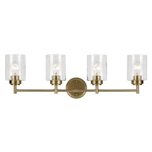 Kichler Winslow 4-Light Farmhouse Vanity Light, Natural Brass | Clear seeded glass vanity light with industrial styling (30" x 9.25" x 6.5"), 45887NBR - color: Natural Brass, size: 30"