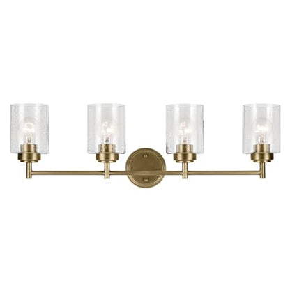 Kichler Winslow 4-Light Farmhouse Vanity Light, Natural Brass | Clear seeded glass vanity light with industrial styling (30" x 9.25" x 6.5"), 45887NBR - color: Natural Brass, size: 30"