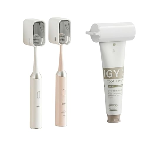 ROOM127 Wall Mounted Toothbrush Holder Set with Toothpaste Dispenser, Gray | 3-Piece Set with 2 Covered Holders, Automatic Toothpaste Squeezer and Ventilated Storage for Manual or Electric Brushes - color: Gray