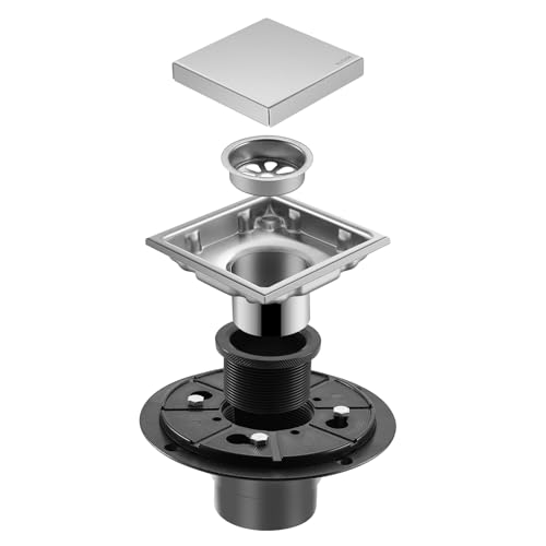 Hidden Brushed Square Shower Floor Drain, Silver 4 inch, 304 Stainless Steel, with Flange, Detachable Cover Embedded with Ceramic Tiles - color: Hidden Silver, size: 4 inch