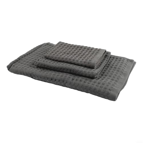 Soft textured waffle cotton towels, a reliable three-piece collection for all household needs (Dark Grey) - size: Dark gray