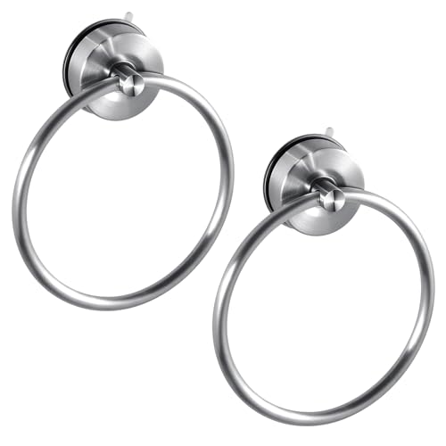 JOMOLA Stainless Steel Suction Cup Towel Ring Holder for Bathroom - Rustproof No Drill Wall Mount Towel Rack, Adjustable & Damage-Free Bathroom Accessories for Shower, Spa, Hotel, Brushed (2-Pack) - color: Silver-2 Pack