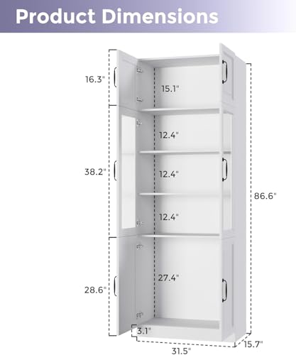 Bobve 86.6" H Extra Tall Narrow Storage Cabinet, Tall Bathroom Cabinet with Glass Door and Shelves, 5-Tier Free-Standing Cube for Bathroom, Living Room, Kitchen, Big Compartment - size: 31.5"W