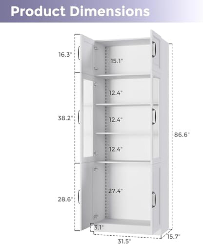 Bobve 86.6" H Extra Tall Narrow Storage Cabinet, Tall Bathroom Cabinet with Glass Door and Shelves, 5-Tier Free-Standing Cube for Bathroom, Living Room, Kitchen, Big Compartment - size: 31.5"W