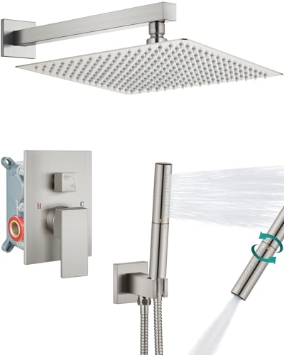 Aolemi Shower System with Rain Head and Handheld,16-Inch,Brushed Nickel | High-Pressure Shower Faucet Set with Dual-Function Handheld,Rough-In Valve,1.8 GPM,Wall-Mount Trim Kit - color: Brushed Nickel, size: 16 Inch