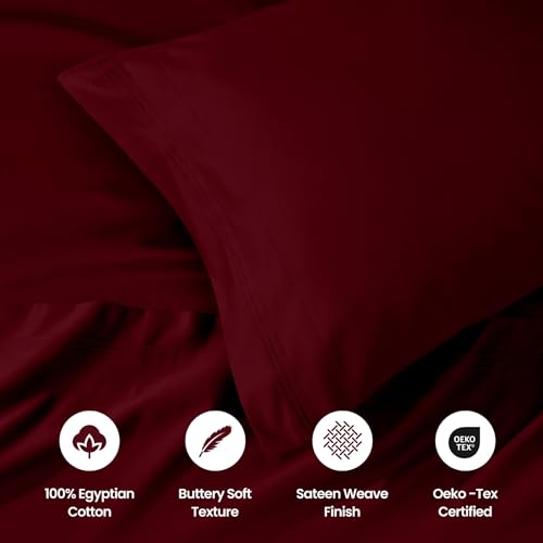 SUPERIOR Egyptian Cotton 4 Piece Sheet Set, Luxury 1000 Thread Count, Modern Design, Sustainable Sheets, Basics, Solid, Deep Pocket Fitted Sheet, Flat Sheet, Pillowcases, Olympic Queen, Burgundy - color: Burgundy, size: Super Queen