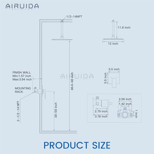 Airuida 12 Inch Matte Black Shower Faucet Set,Rainfall Shower System | Ceiling Shower Head,Male Thread Rough-in Valve,Ceiling Mount,Single Handle - color: Matte Black, size: 12 Inch