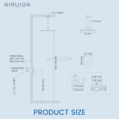 Airuida 12 Inch Brushed Nickel Shower Faucet Set,Rainfall Shower System | Ceiling Shower Head,Male Thread Rough-in Valve,Ceiling Mount,Single Handle - color: Brushed Nickel, size: 12 Inch