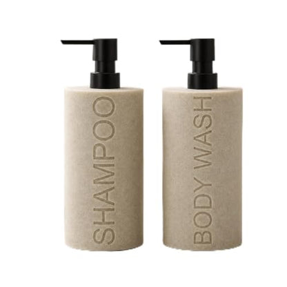 Resin 2 Pack Shampoo, Conditioner or Body Wash Dispenser Set, Luxurious Refillable Pump Bottles with Matte Pump Top and Embossed Text, Durable Design for Bathroom and Shower - color: Tan Shampoo & Body Wash