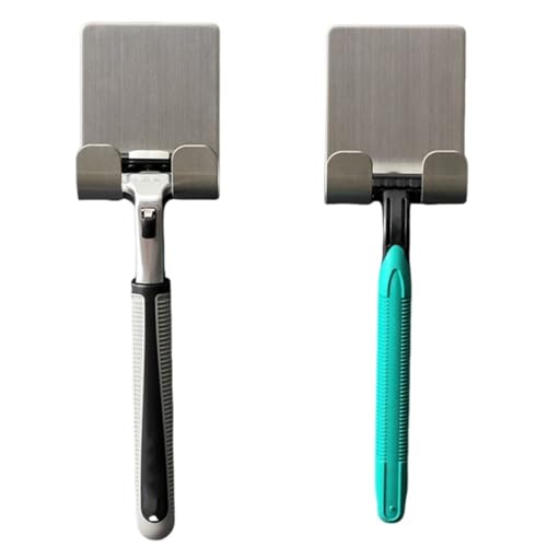 Self Adhesive Razor Holder Hanger with Double Hook Stainless Steel Shower Hook for Razor 2 Pack(Silver) - color: Silver