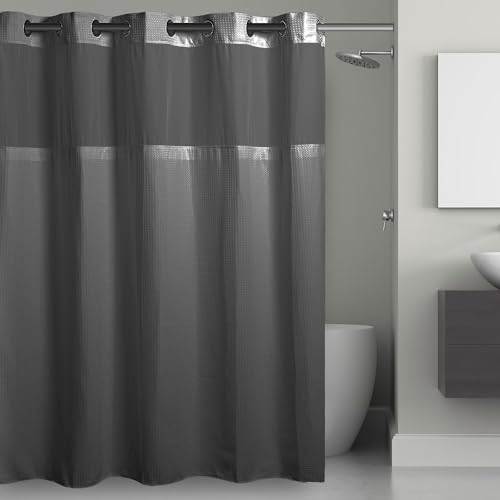 Hookless It's A Snap! 3-in-1 Shower Curtain With Waffle Fabric, Sheer Top Window, Flex-On Rings & Liner, 71" x 74", Graphite Grey - color: Graphite Grey, size: 71"W x 74"L (Pack of 1), style: Without Magnets