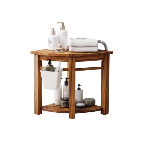 Kiasthome Teak Corner Shower Bench, Waterproof Bathroom Teak Shower Bench, Sturdy Non-Slip Bath Shower Foot Stool for Shaving Legs with Storage Baskets and Shelves - size: Large