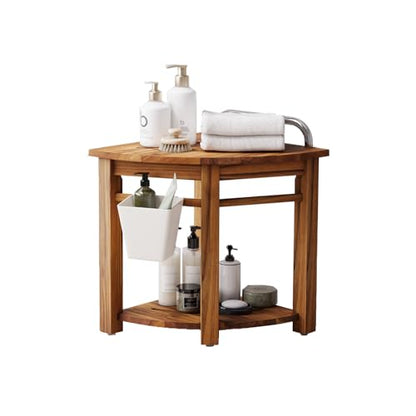Kiasthome Teak Corner Shower Bench, Waterproof Bathroom Teak Shower Bench, Sturdy Non-Slip Bath Shower Foot Stool for Shaving Legs with Storage Baskets and Shelves - size: Large