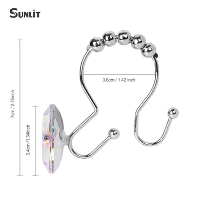 Sunlit Luxury Design Round Diamond Crystal Gem Bling with Glide Balls Double Shower Curtain Hooks, Rainbow Colorful Rust Proof Metal Rhinestones Mermaid Shower Curtain Rings for Girls-12 Pack - color: Crystal Ab With Double Hooks