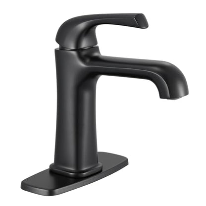 Matte Black Bathroom Faucet, Brass Single Hole Bathroom Faucets for 1 or 3 Holes, Vanity Faucet with Supply Lines and Deck Plate, Pop Up Drain - color: A-Matte Black